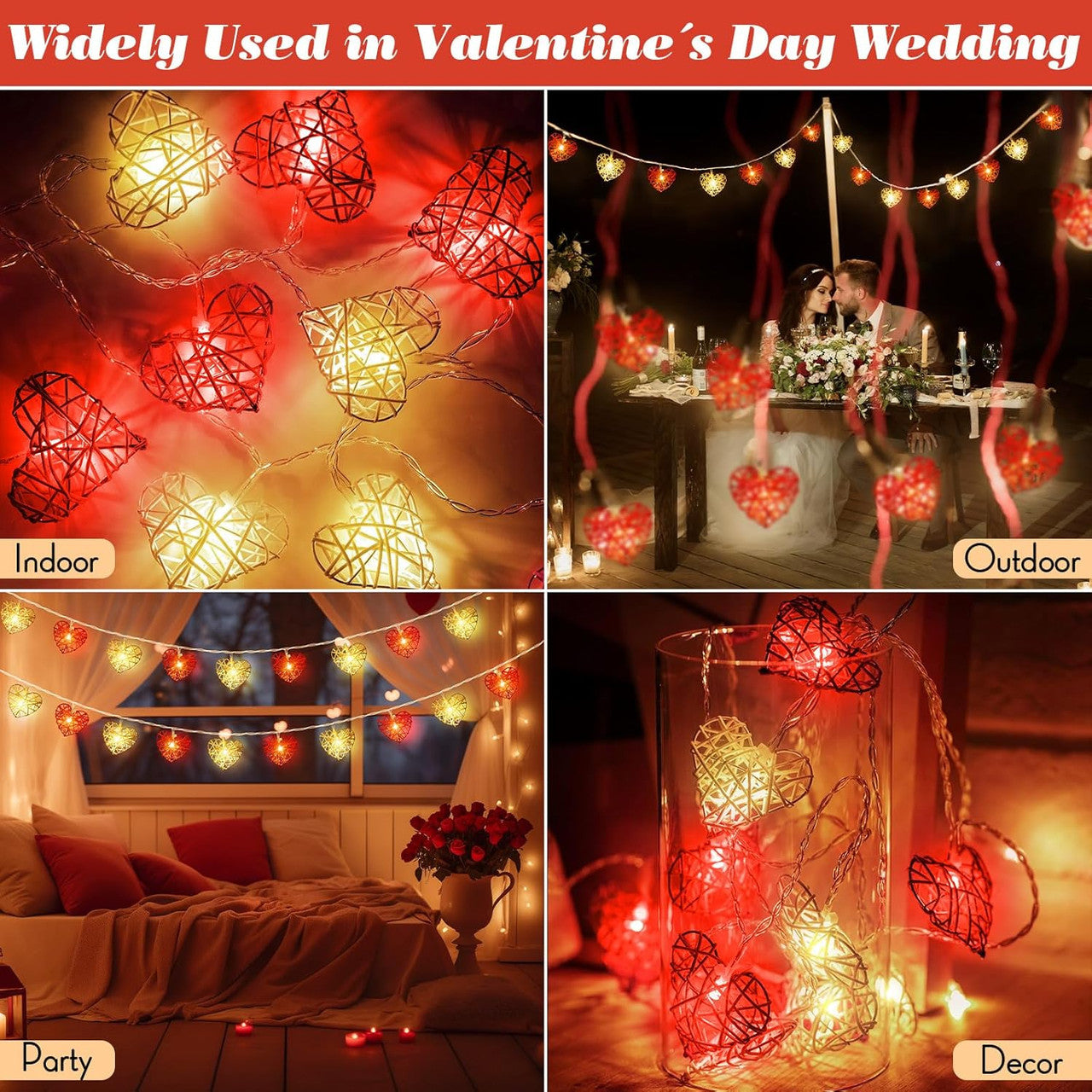 50 Red and White 3D Hollowed Rattan Heart-Shaped 5M LONG String Fairy Lights, Battery (AA) Indoor & Outdoor Decorations Wedding Valentines Romantic Room Table Lighting