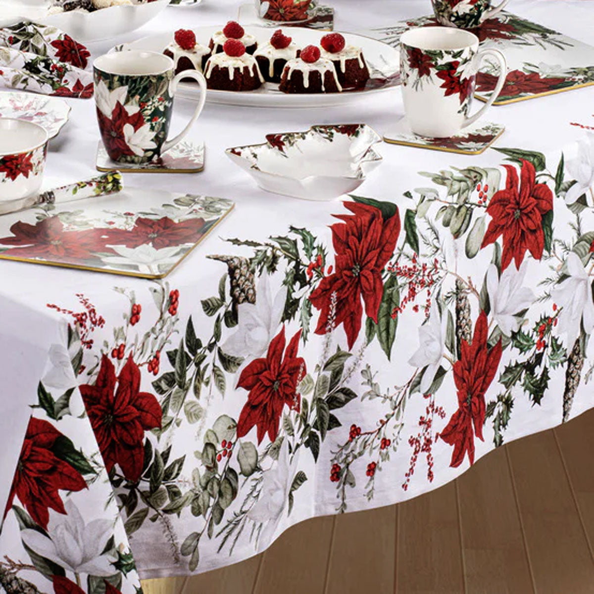 100% Cotton Ashdene Poinsettia Festive Christmas Holiday Tablecloth 150 x 230 cm