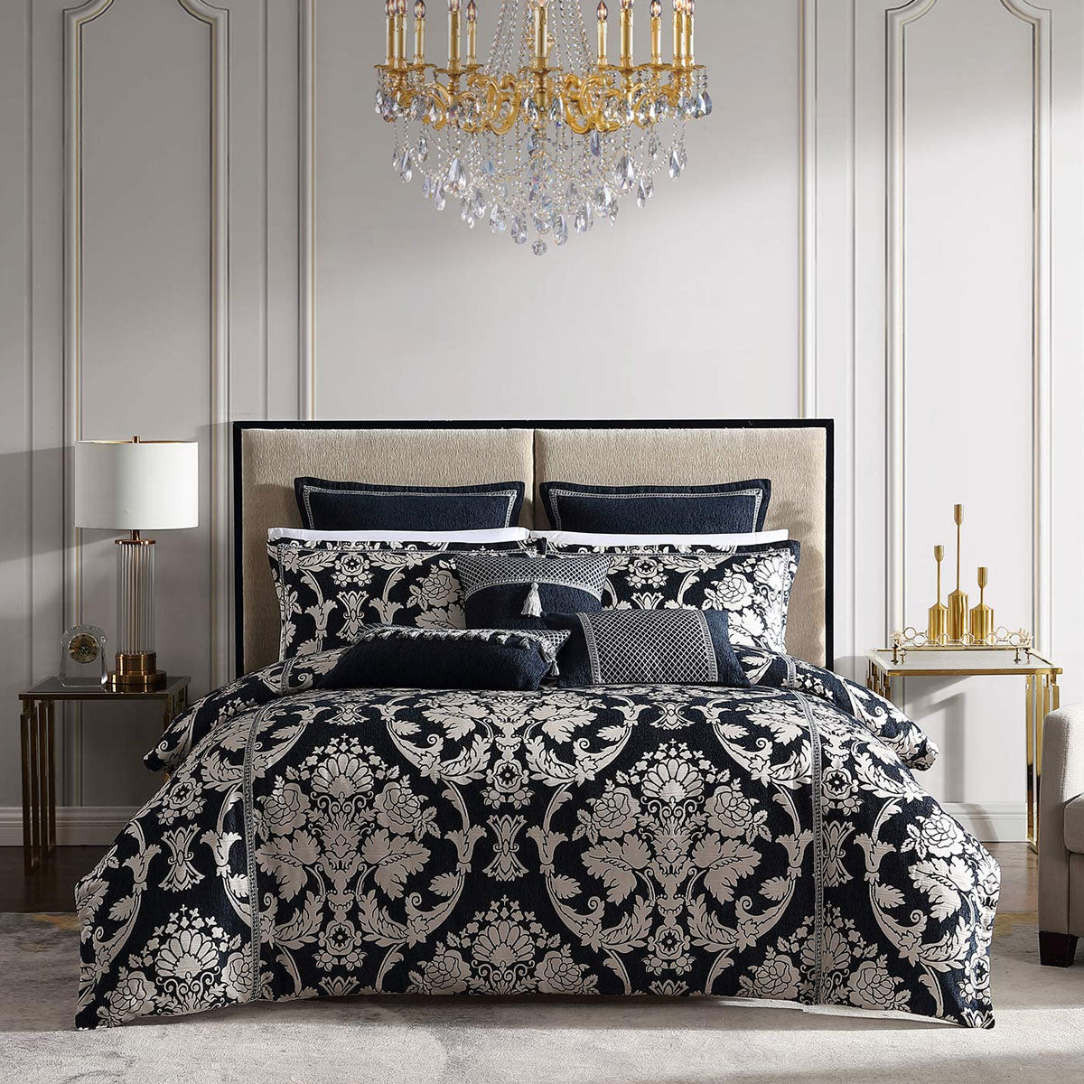 Davinci Coronet Ink Damask Motifs Woven Quilt Cover Set Queen