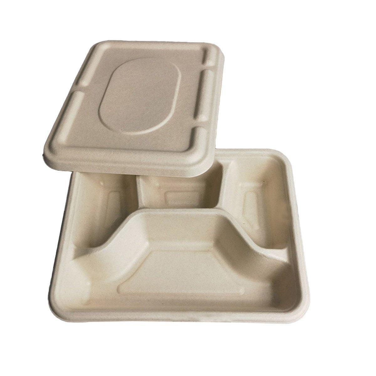 25/50pcs Biodegradable Lunch Box Microwaveable Tray with Compartment Paper Lid - 1100ml-4-50pcs