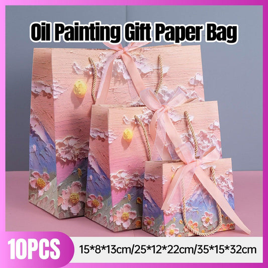 10pcs Oil Painting Gift Paper Bags for Birthday and Holiday Gift Packaging Tote - L