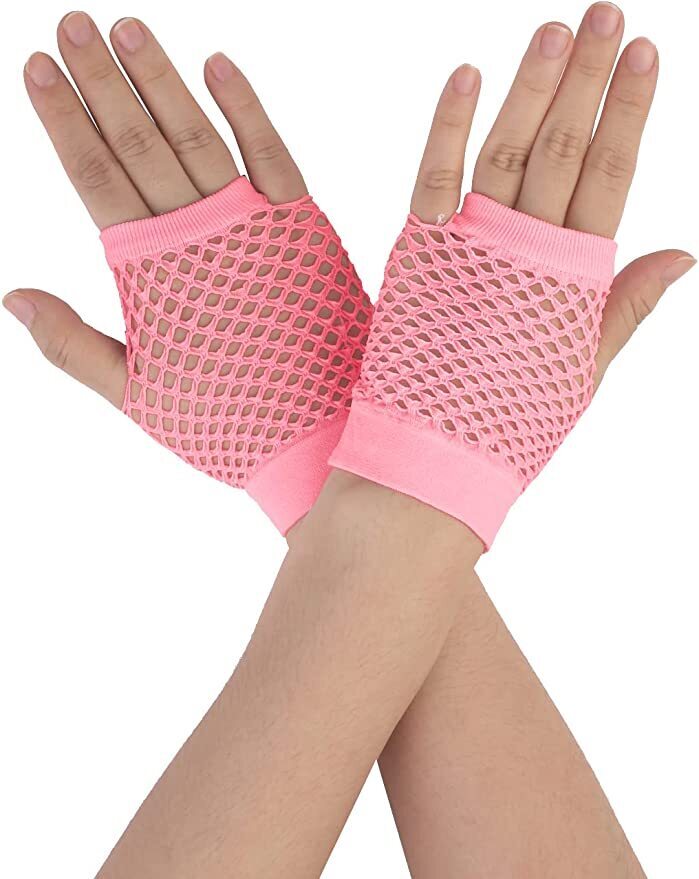 1 Pair Fishnet Gloves Fingerless Wrist Length 70s 80s Costume Party - Light Pink