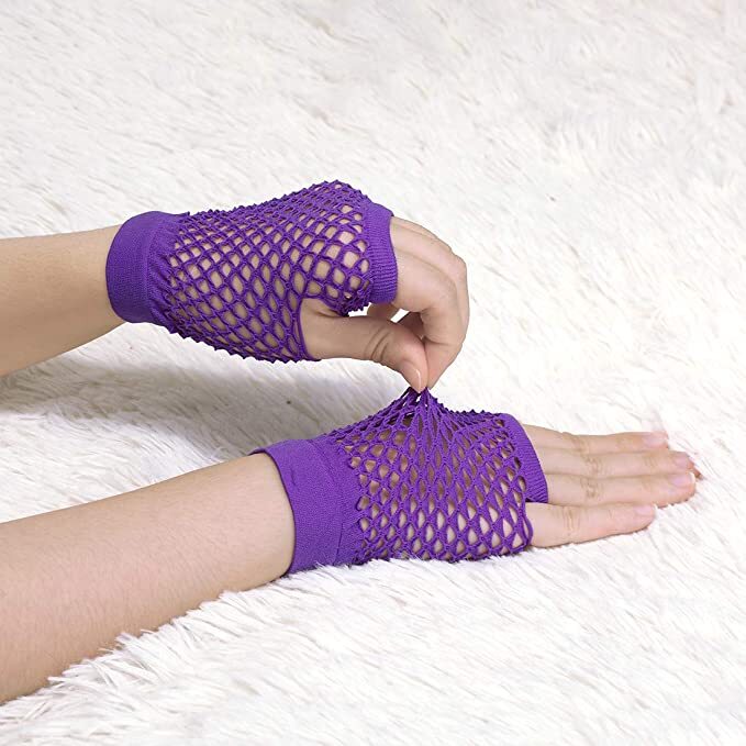 1 Pair Fishnet Gloves Fingerless Wrist Length 70s 80s Costume Party - Purple