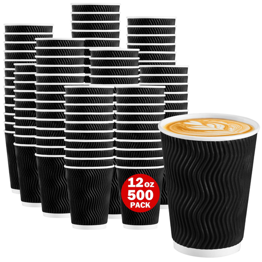 500x Triple Wall Coffee Cups (12oz) Disposable Takeaway BPA Free Paper Bulk in Black