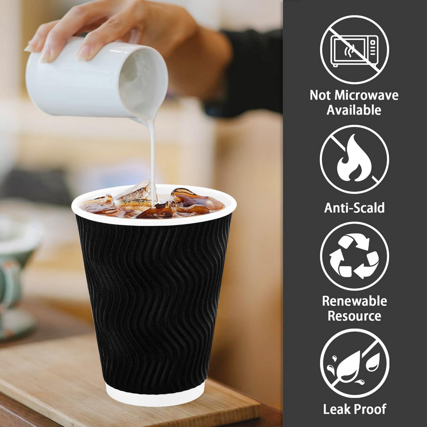 500x Triple Wall Coffee Cups (12oz) Disposable Takeaway BPA Free Paper Bulk in Black