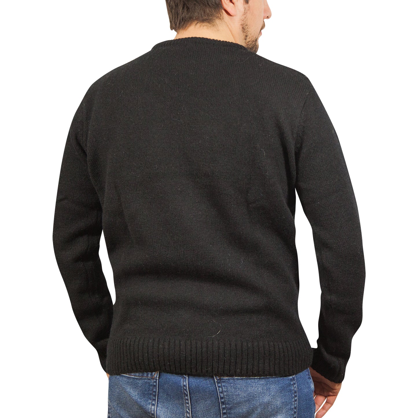 100% SHETLAND WOOL CREW Round Neck Knit JUMPER Pullover Mens Sweater Knitted - Plain Black - 4XL