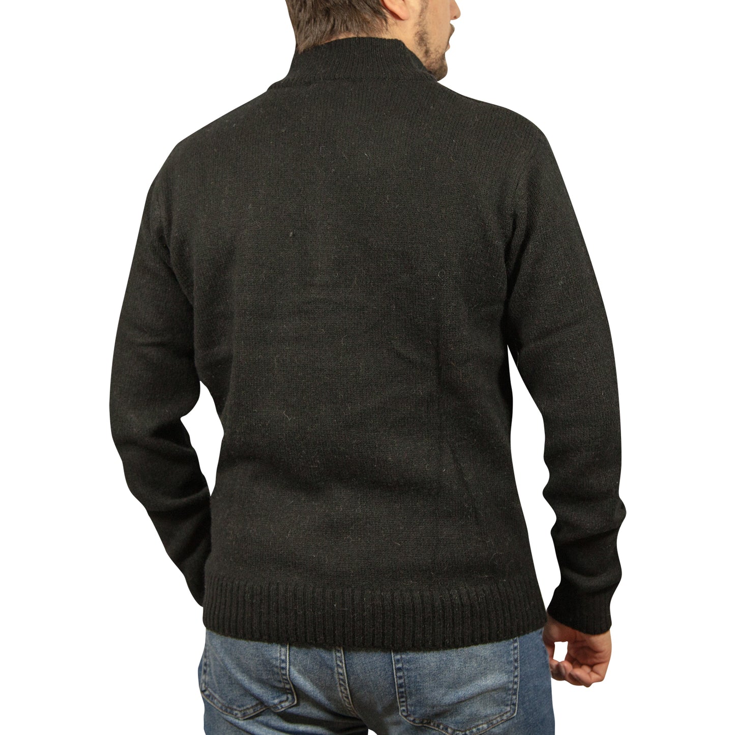 100% SHETLAND WOOL Half Zip Up Knit JUMPER Pullover Mens Sweater Knitted - Plain Black - 4XL