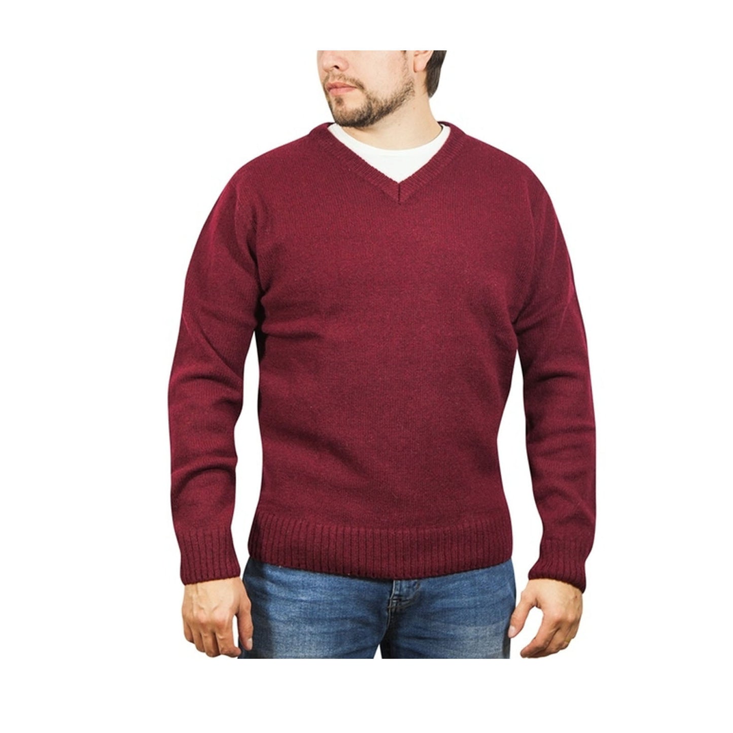 100% Shetland Wool V Neck Knit Jumper Pullover Mens Sweater Knitted - Burgundy (97) - 3XL