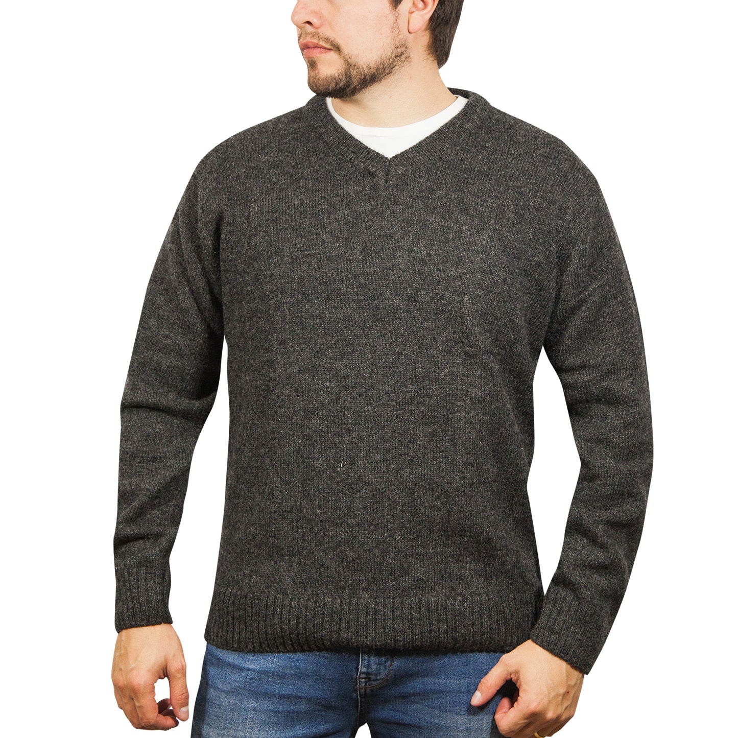 100% Shetland Wool V Neck Knit Jumper Pullover Mens Sweater Knitted - Charcoal (29) - XXL