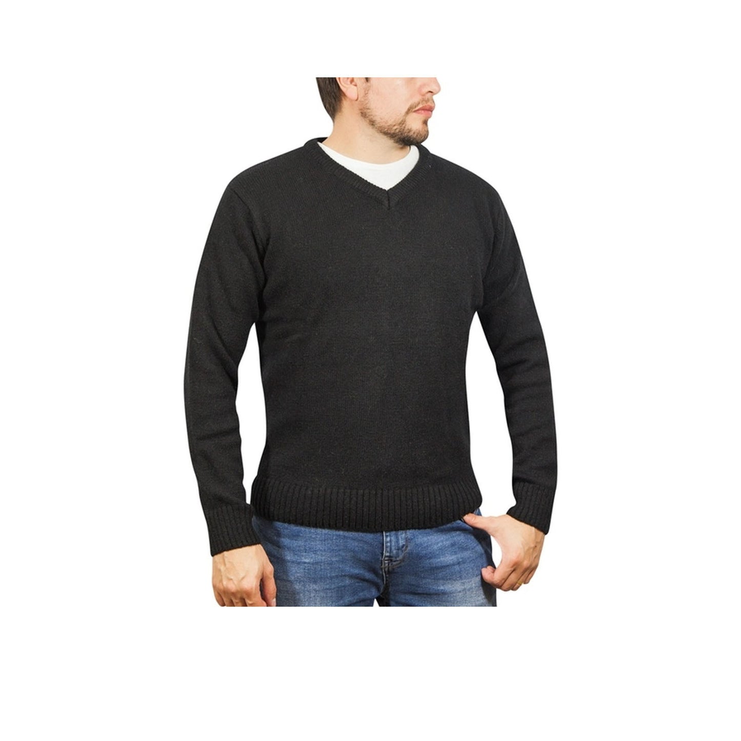 100% Shetland Wool V Neck Knit Jumper Pullover Mens Sweater Knitted - Plain Black - 6XL