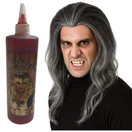 Gothic Vampire Wig + 450ml Bottle Fake Blood Halloween Costume Set Horror Scary Party