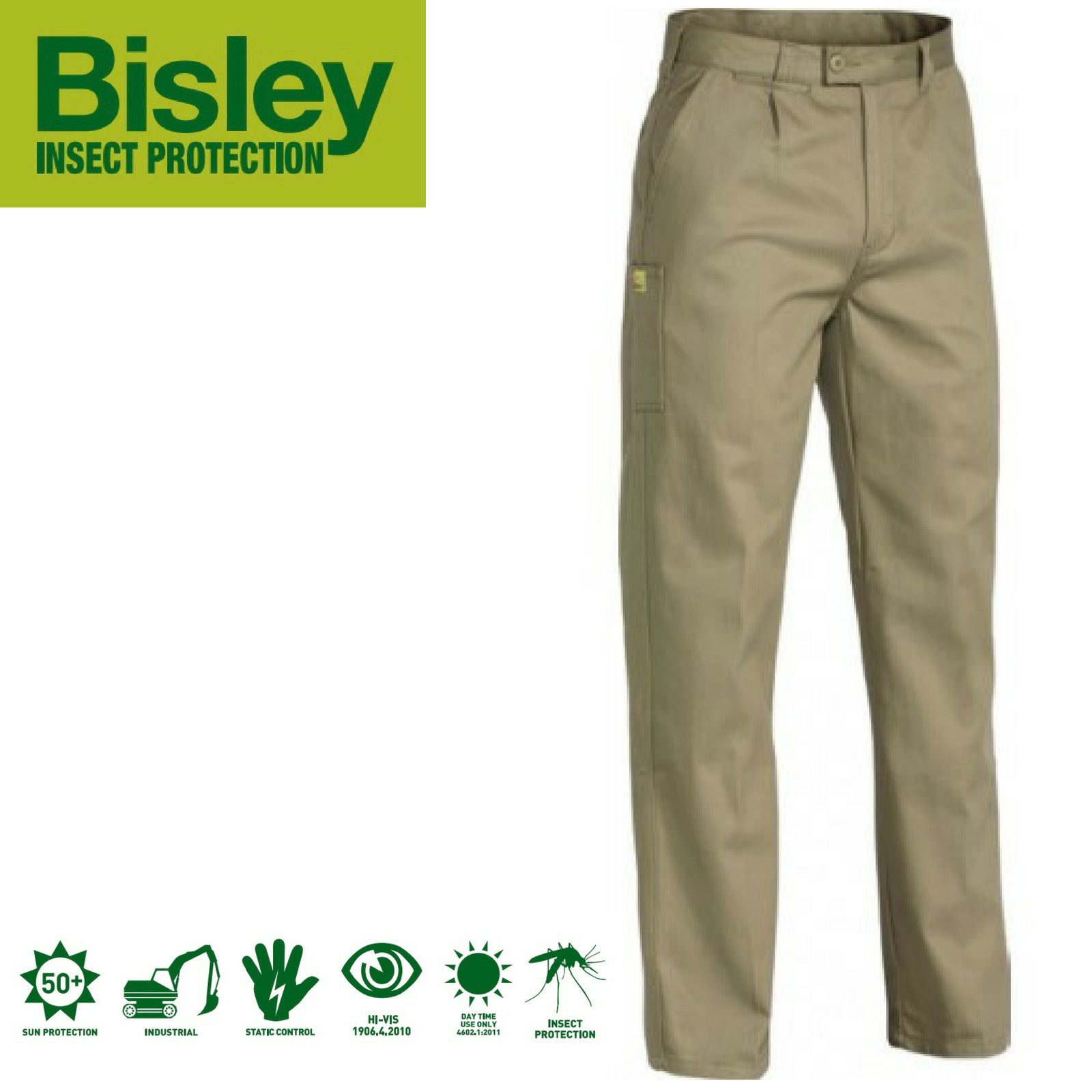 Bisley Mens Insect Protection Drill Work Pants Trousers - Khaki-1