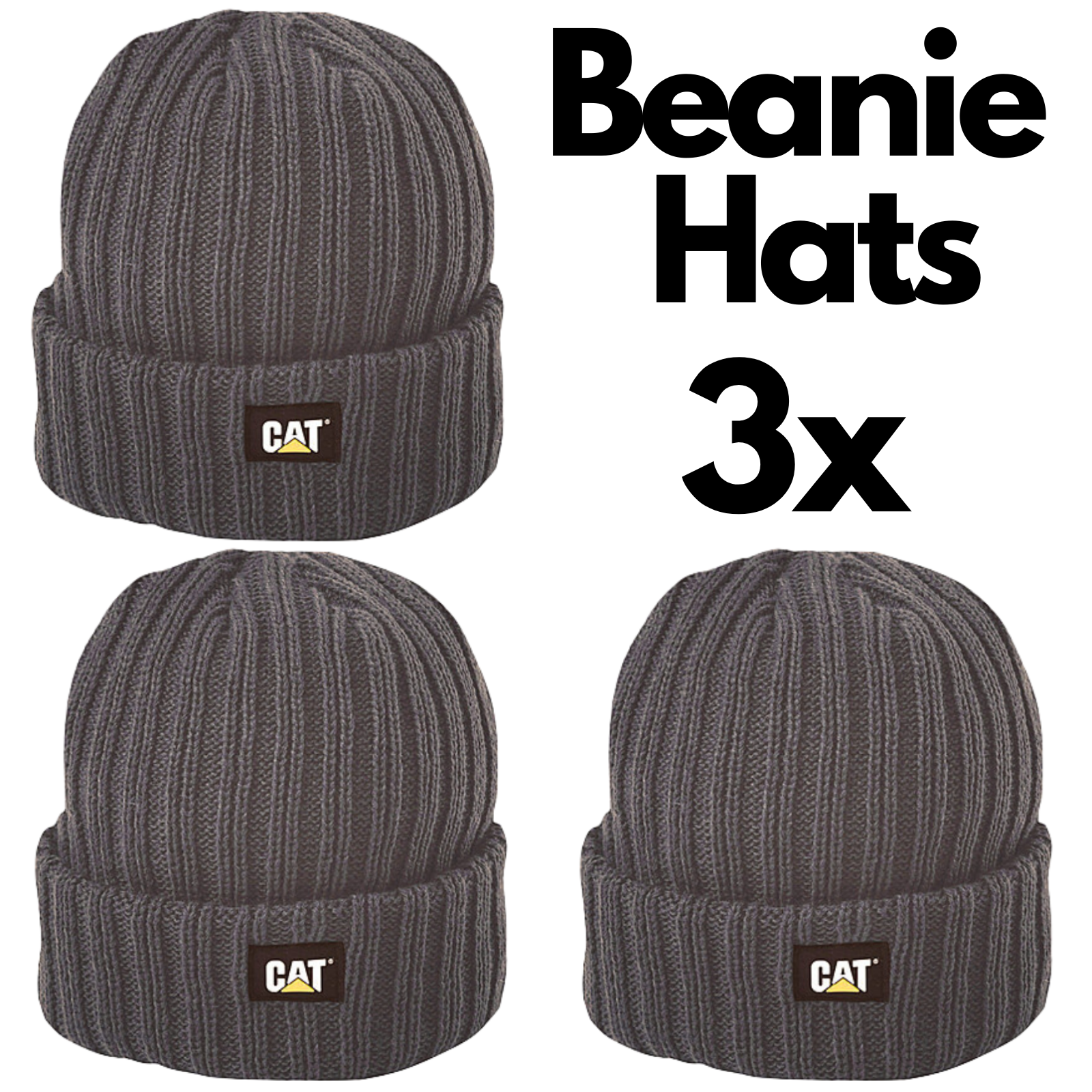 3x Caterpillar Rib Watch Cap - Graphite Beanie Hat Ski Warm Winter - One Size-1