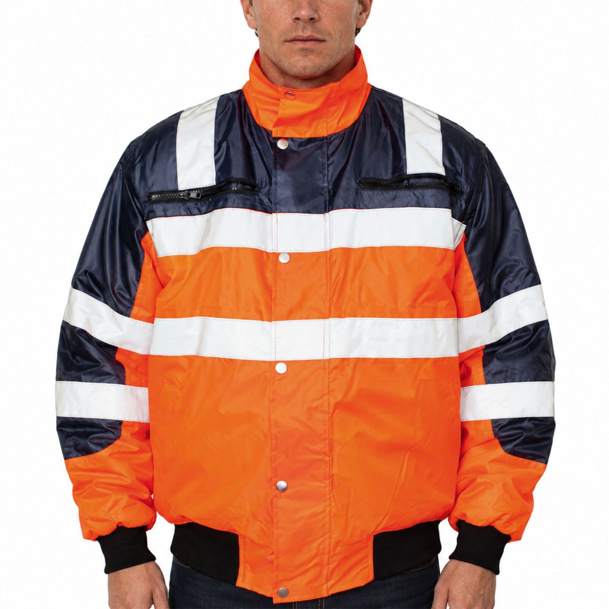 3-in-1 Hi Vis Safety Bomber Jacket Waterproof Reflective Quilted - Orange Navy