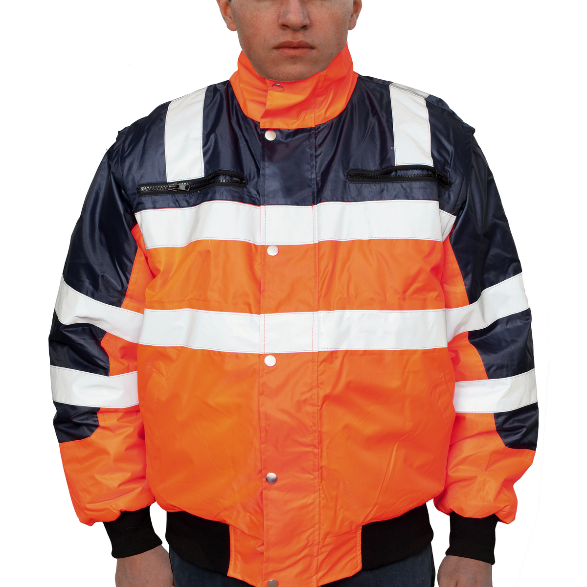 3-in-1 Hi Vis Safety Bomber Jacket Waterproof Reflective Quilted - Orange Navy