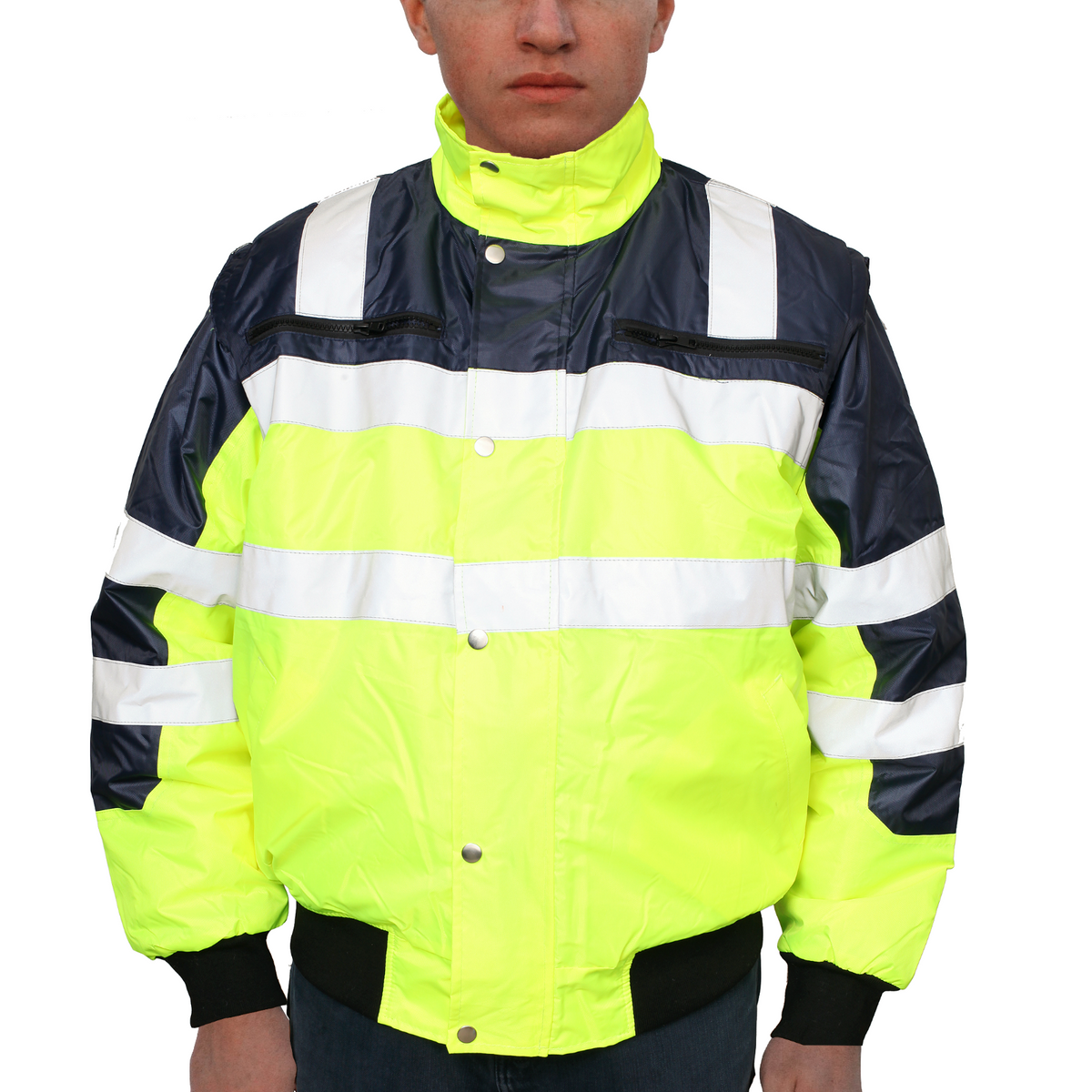 3-in-1 Hi Vis Safety Bomber Jacket Waterproof Reflective Quilted - Yellow/Navy