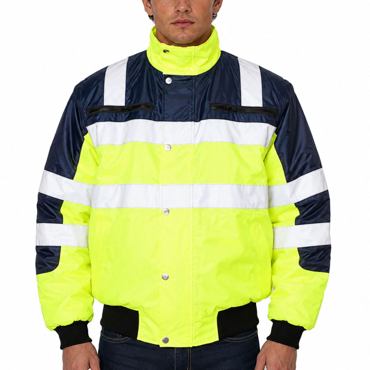 3-in-1 Hi Vis Safety Bomber Jacket Waterproof Reflective Quilted - Yellow/Navy