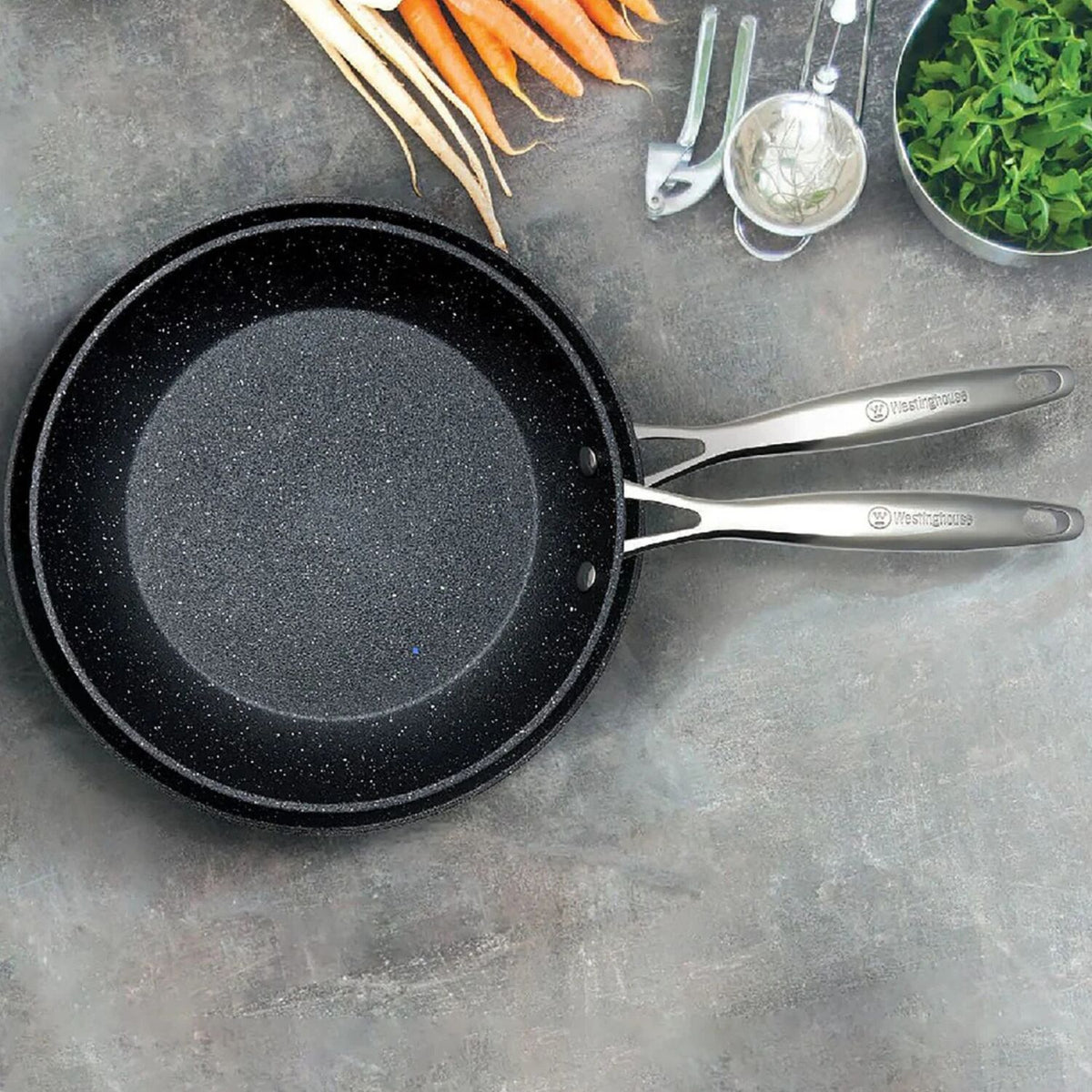 2pc Westinghouse 24cm/28cm Frypan Set Multi-Layer Non-Stick Home Cooking Black