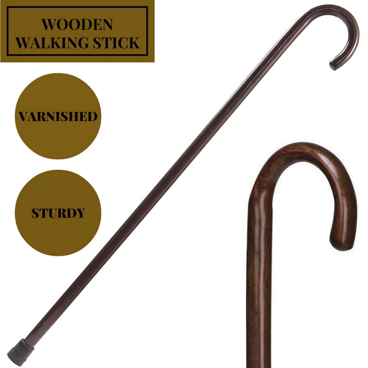 93cm WOODEN WALKING STICK Wood Cane Pole Carved Varnished Deluxe Sturdy - Mahogany-1