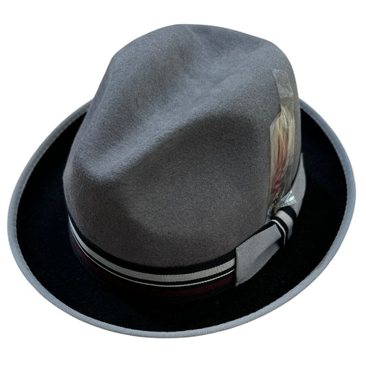 100% Wool Trilby Hat in Grey/Black with Feather-0