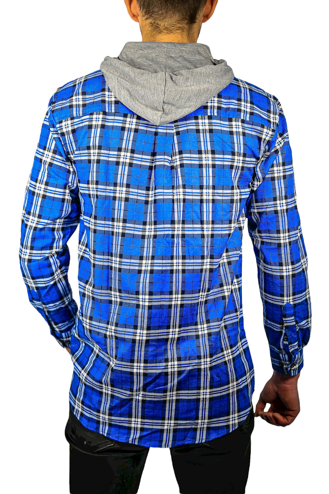 Mens Cotton Flannelette Shirt w Jersey Hood Long Sleeve Flannel - Spanish Blue-4