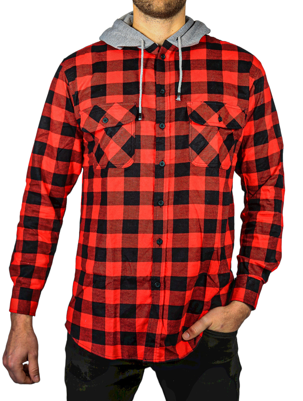 Mens Cotton Flannelette Shirt w Jersey Hood Long Sleeve Flannel - Red/Black-0