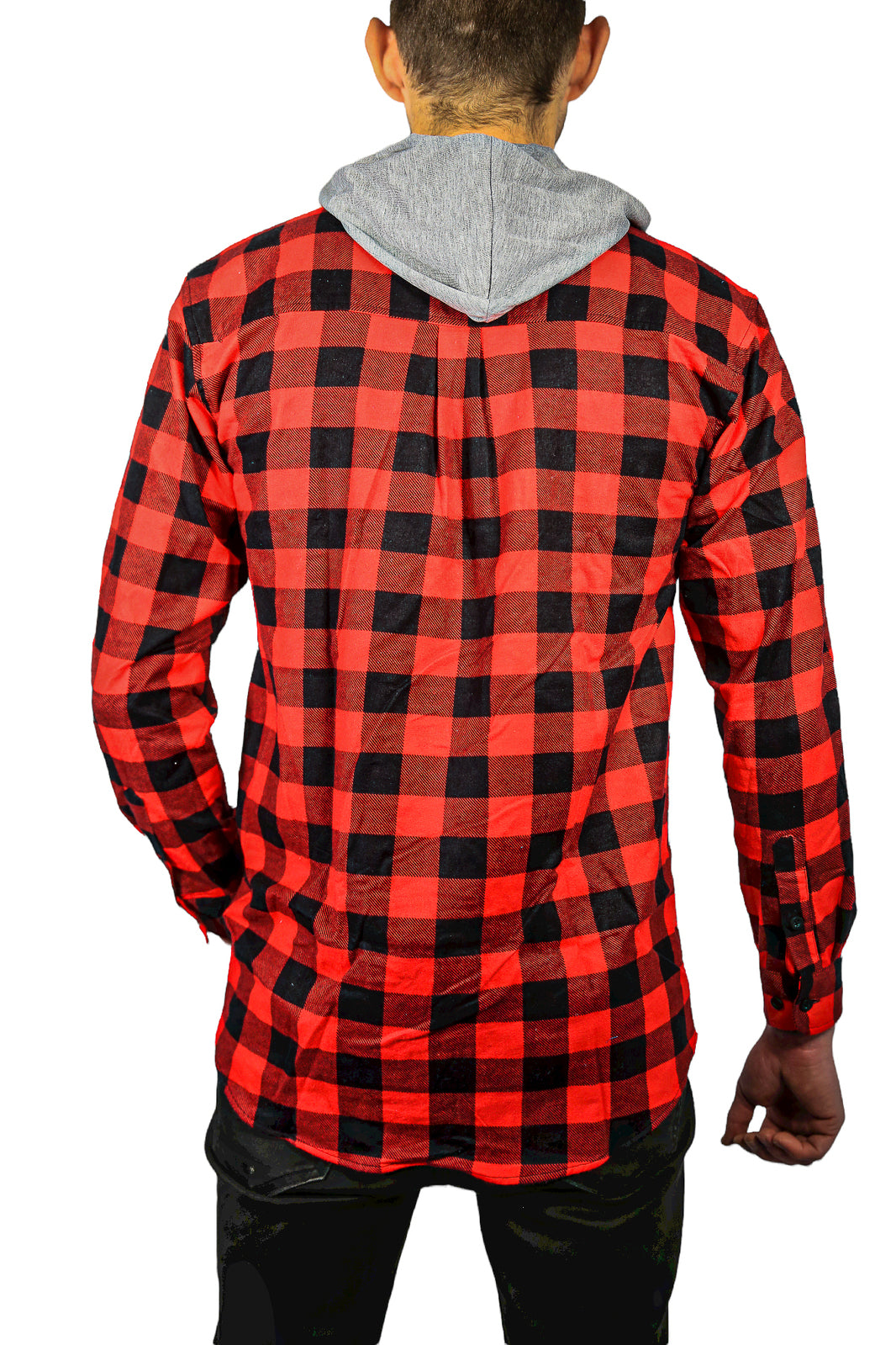 Mens Cotton Flannelette Shirt w Jersey Hood Long Sleeve Flannel - Red/Black-3