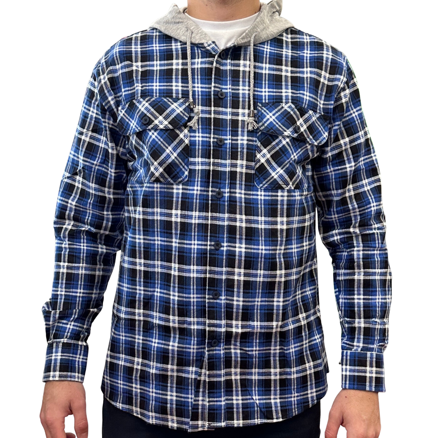 Mens Cotton Flannelette Shirt w Jersey Hood Long Sleeve Flannel - Denim-0