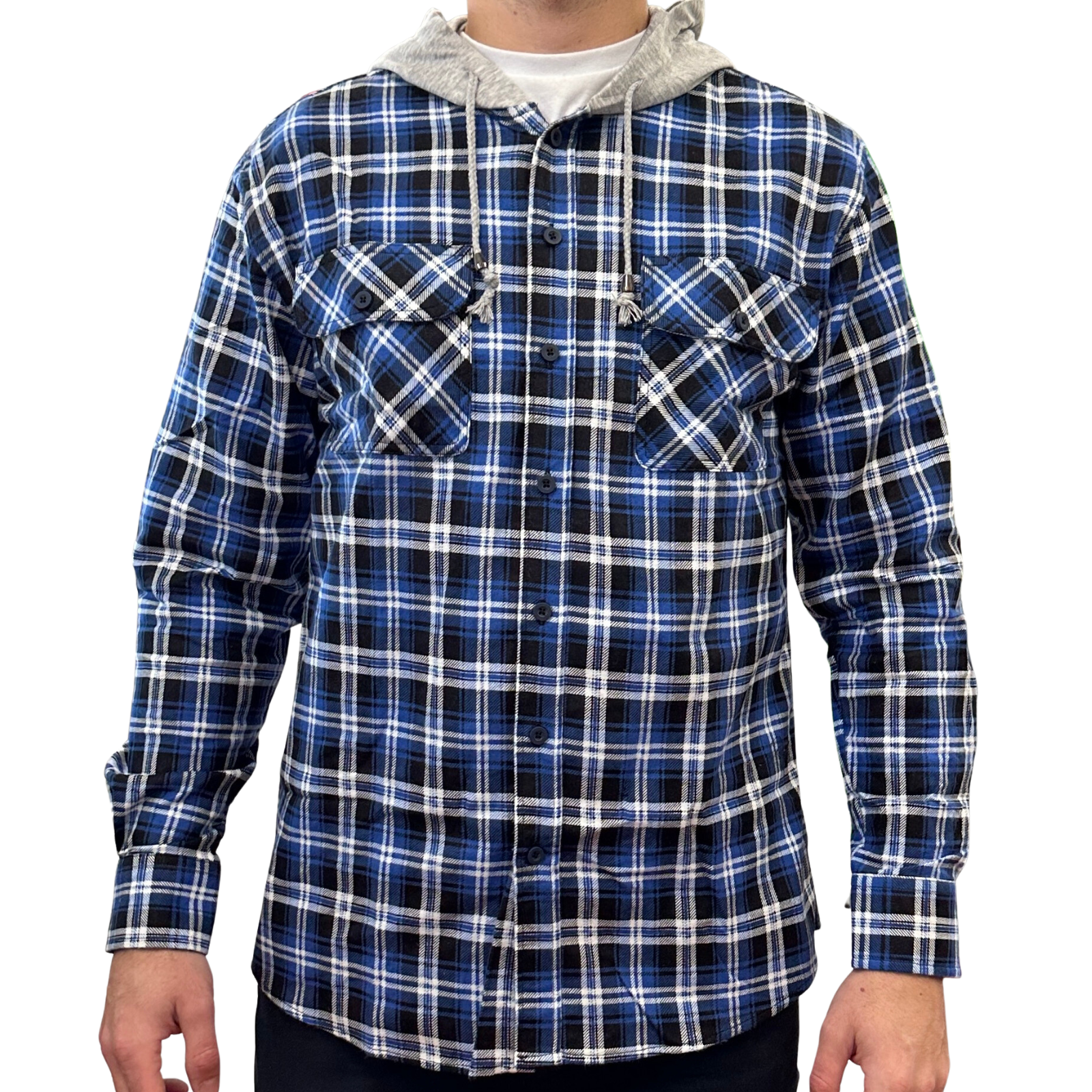 Mens Cotton Flannelette Shirt w Jersey Hood Long Sleeve Flannel - Denim-0