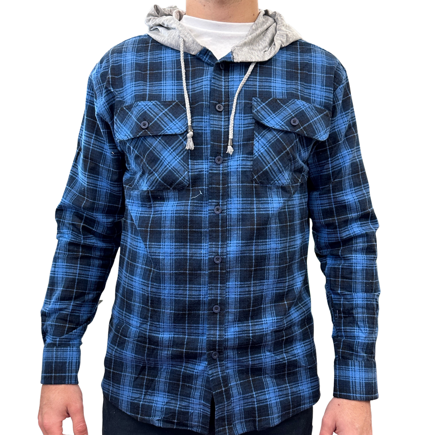 Mens Cotton Flannelette Shirt w Jersey Hood Long Sleeve Flannel - Blue-1