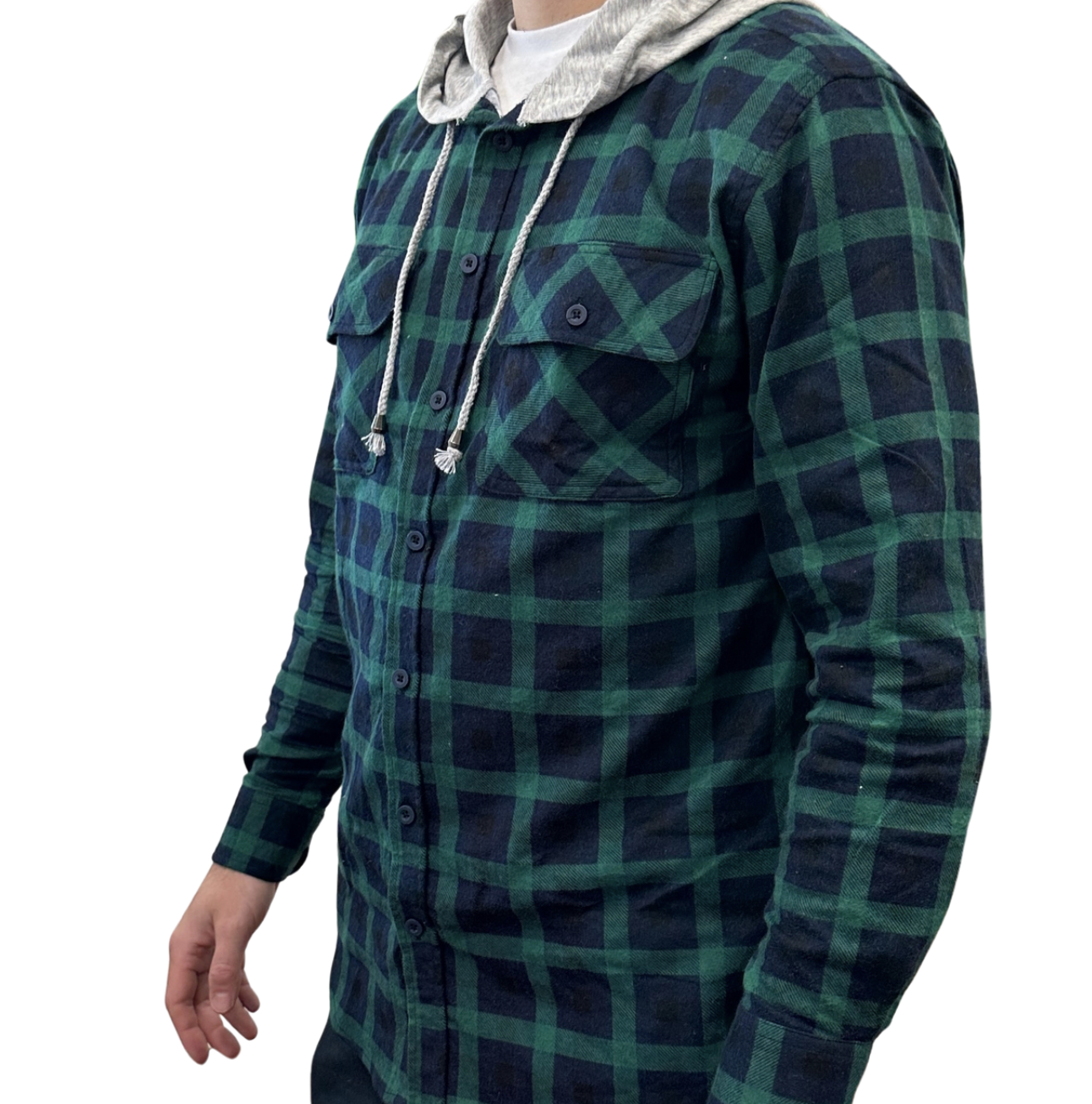Mens Cotton Flannelette Shirt w Jersey Hood Long Sleeve Flannel - Green-4