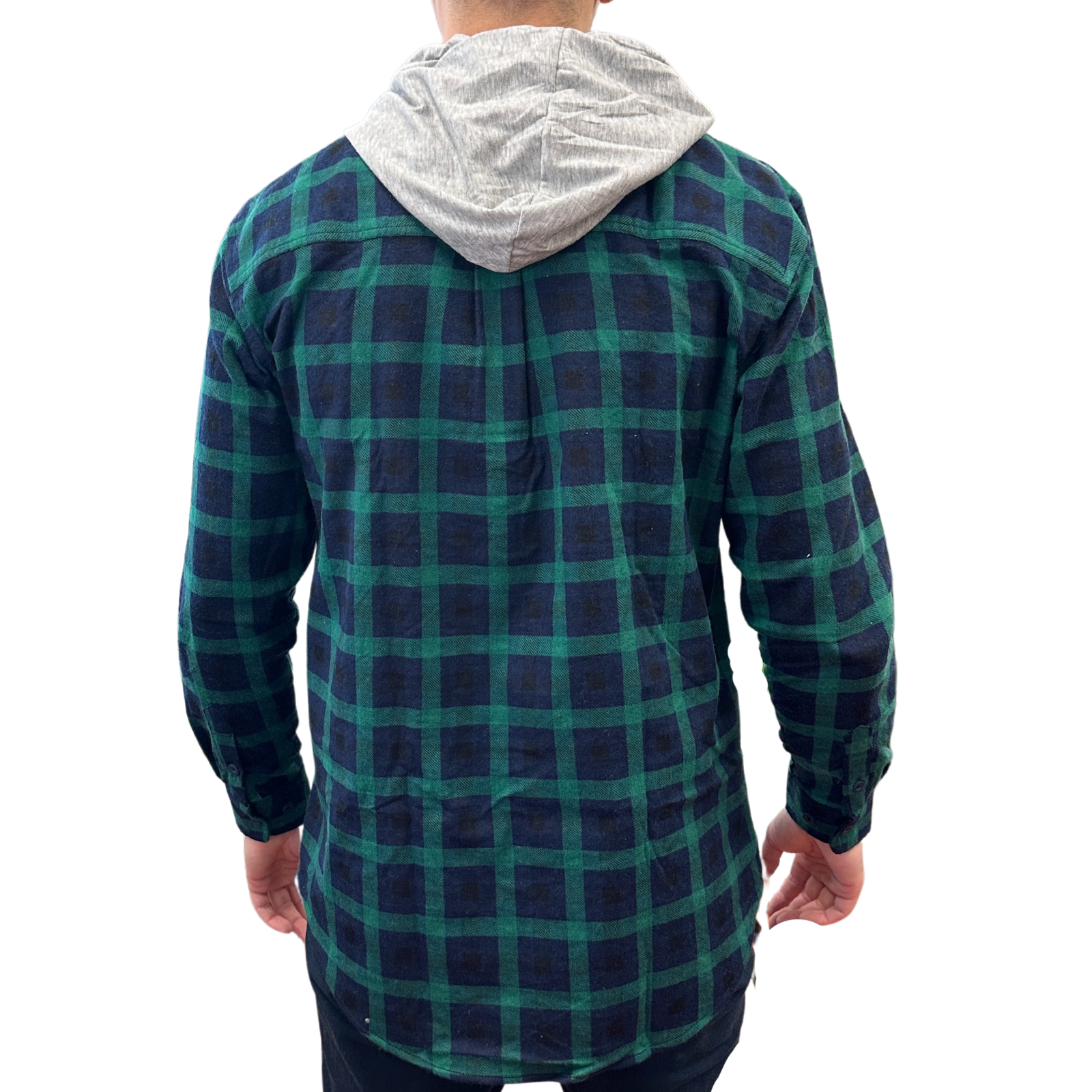 Mens Cotton Flannelette Shirt w Jersey Hood Long Sleeve Flannel - Green-3