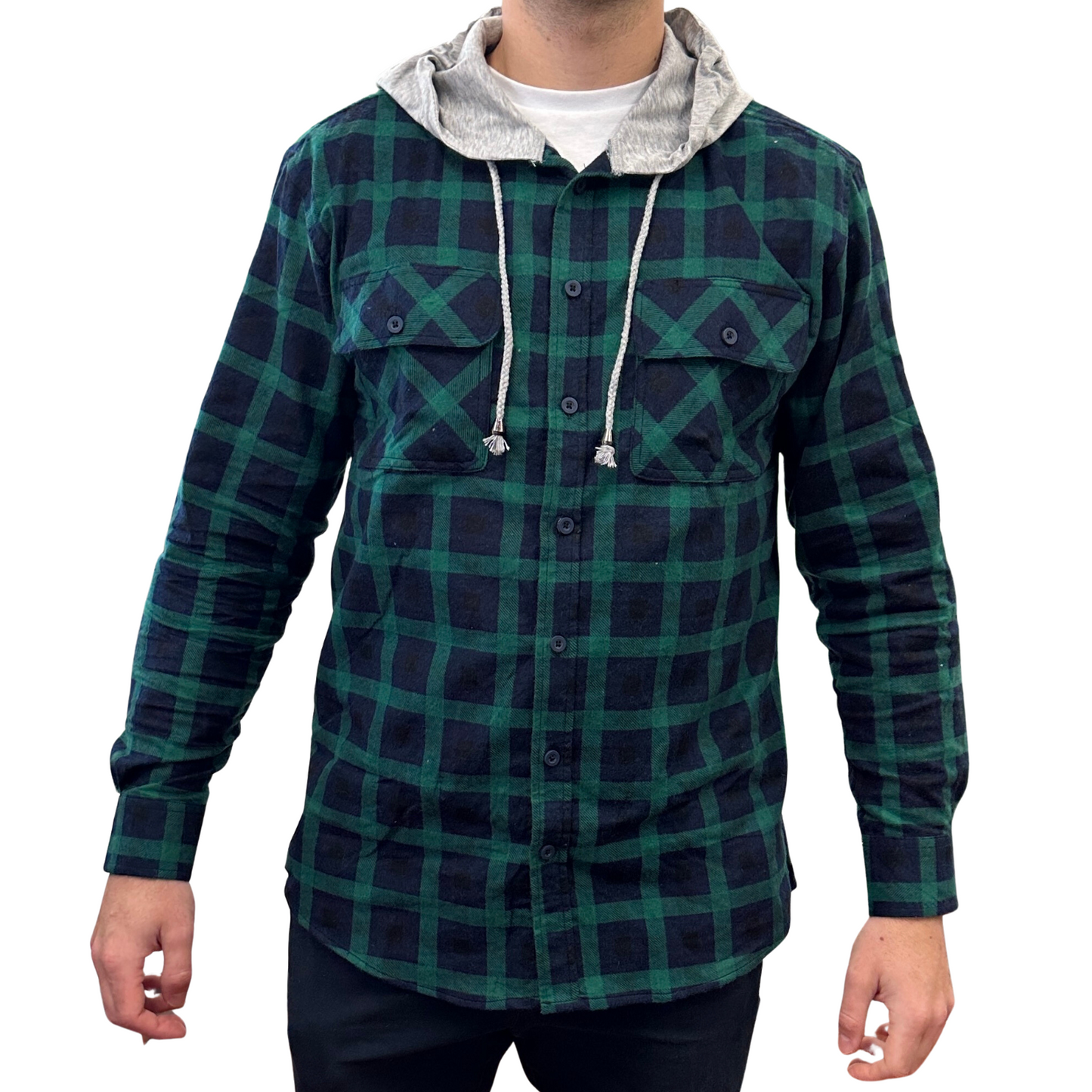 Mens Cotton Flannelette Shirt w Jersey Hood Long Sleeve Flannel - Green-0