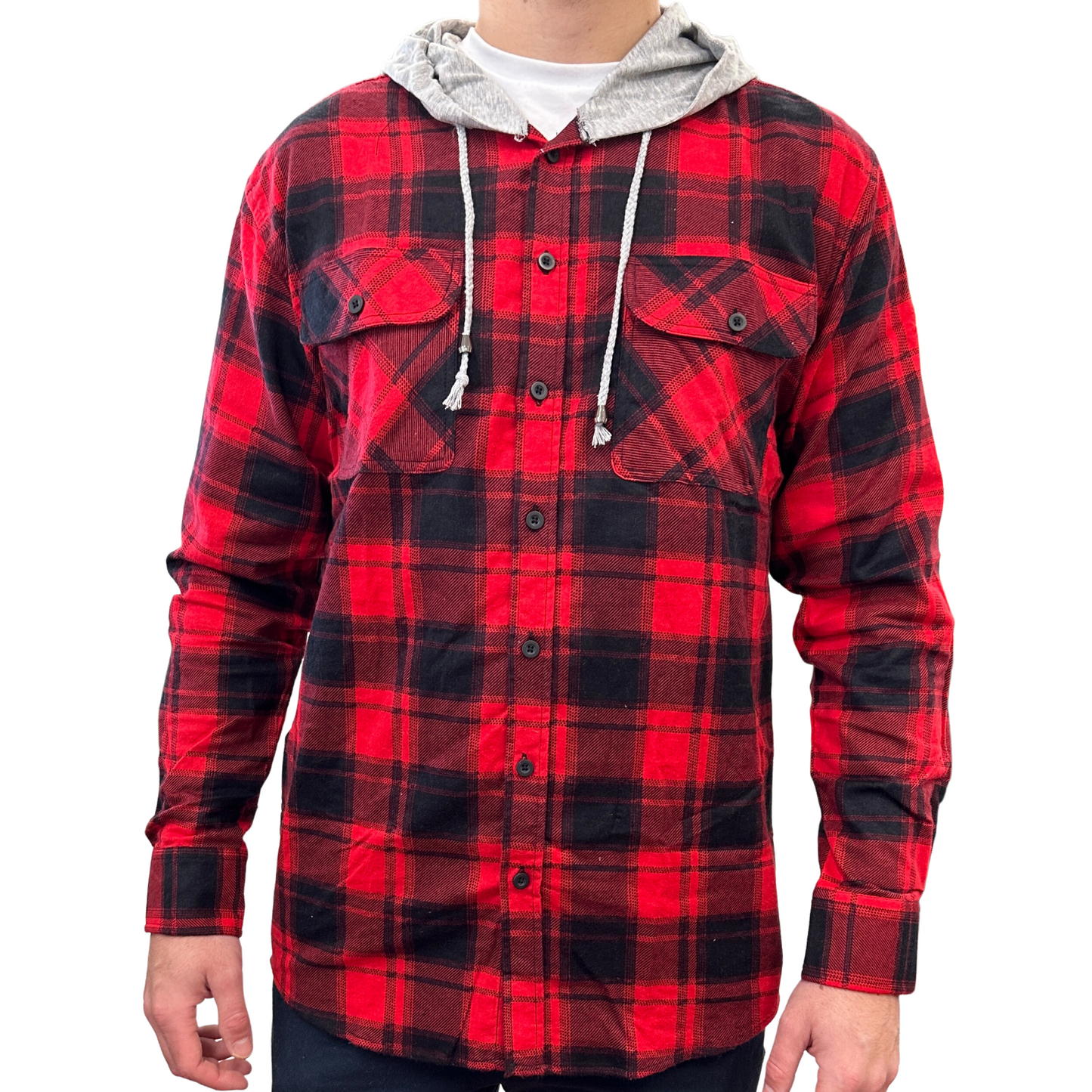 Mens Cotton Flannelette Shirt w Jersey Hood Long Sleeve Flannel - Red-0