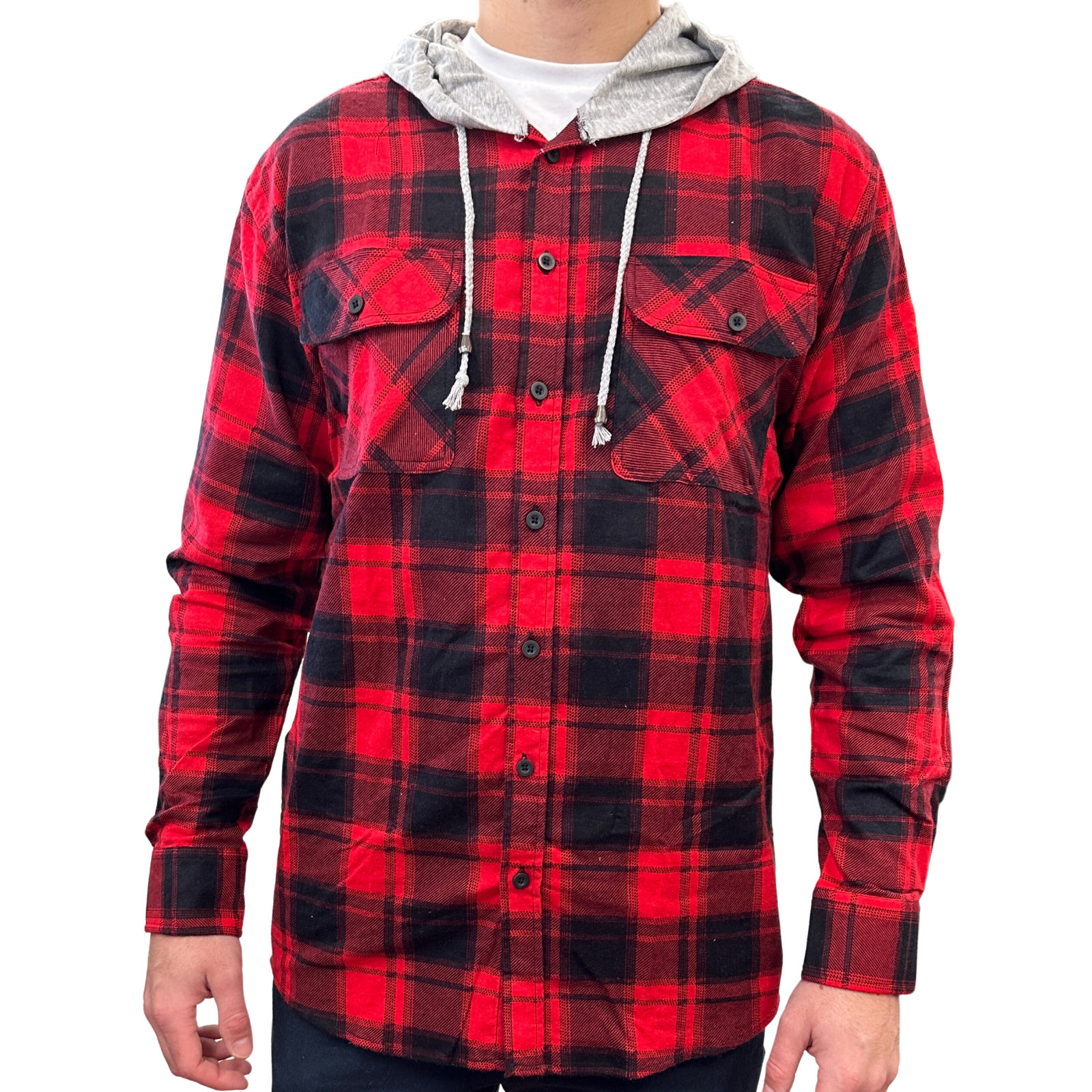 Mens Cotton Flannelette Shirt w Jersey Hood Long Sleeve Flannel - Red-1