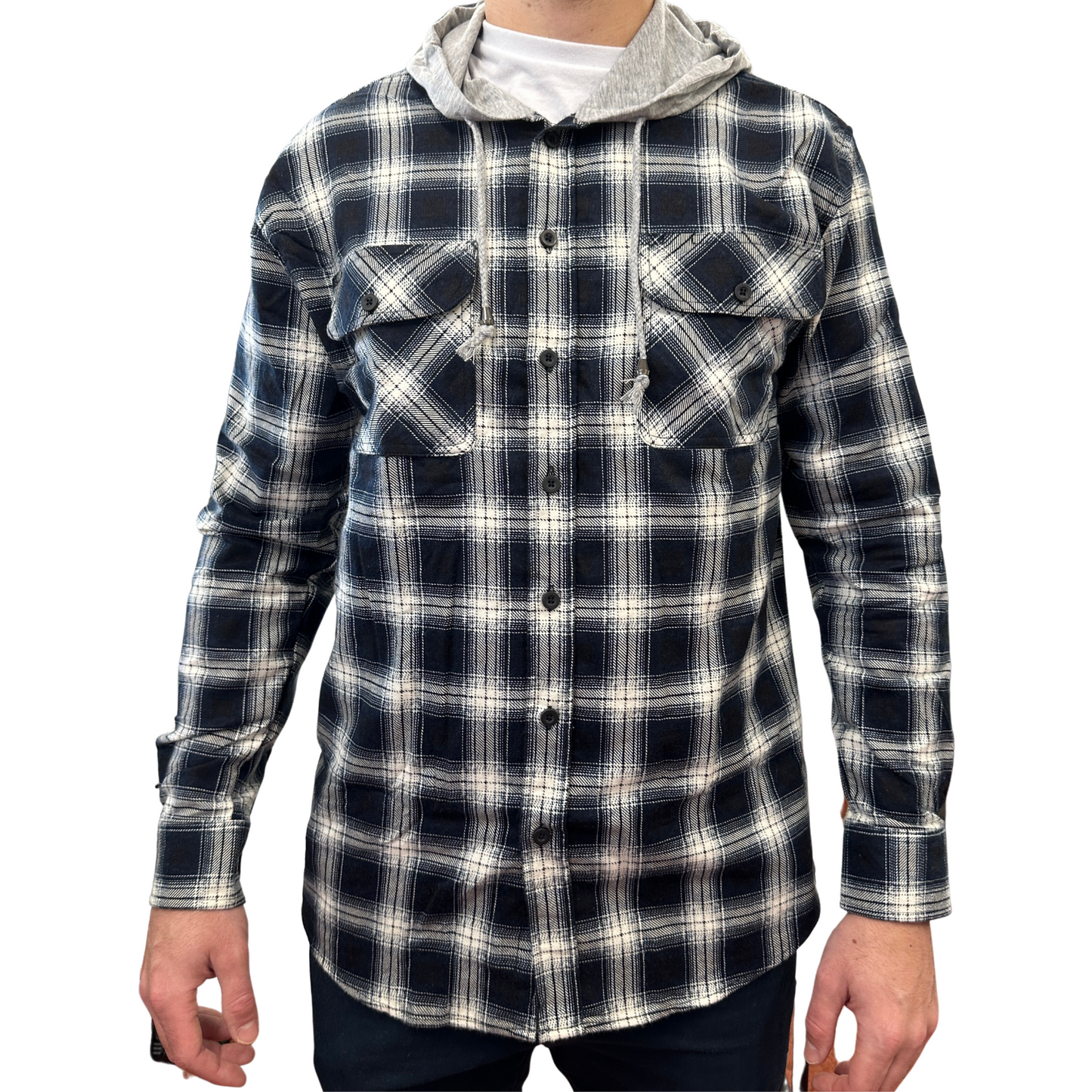 Mens Cotton Flannelette Shirt w Jersey Hood Long Sleeve Flannel - Black-0