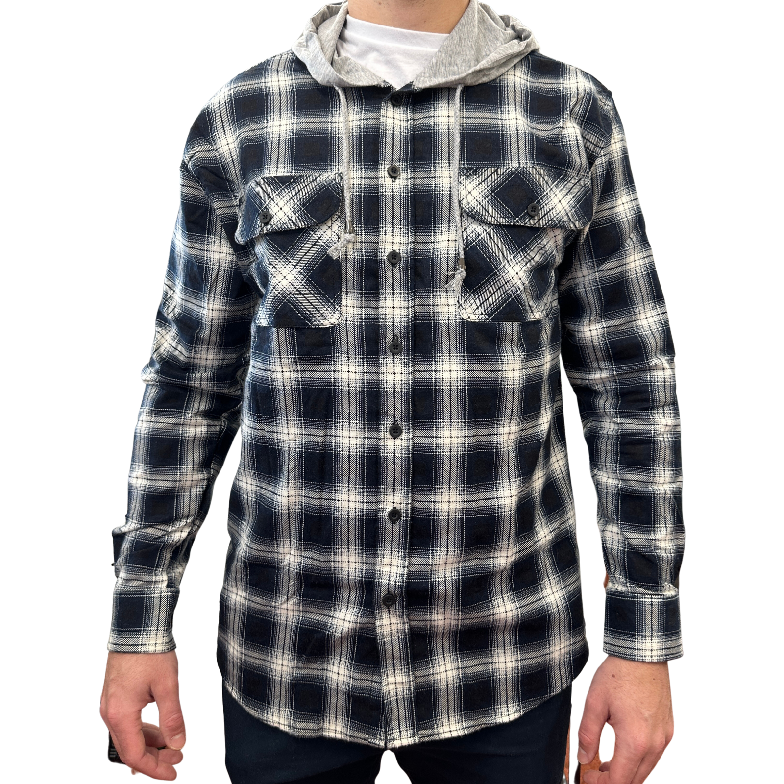 Mens Cotton Flannelette Shirt w Jersey Hood Long Sleeve Flannel - Black-0