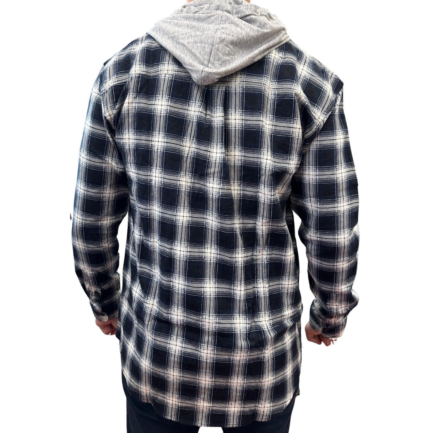 Mens Cotton Flannelette Shirt w Jersey Hood Long Sleeve Flannel - Black-3