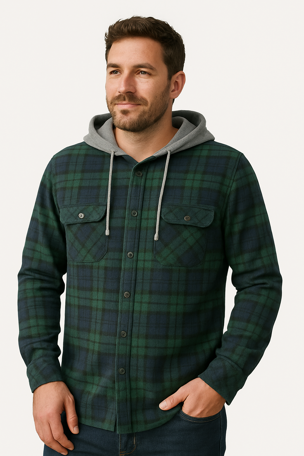 Mens Cotton Flannelette Shirt w Jersey Hood Long Sleeve Flannel-3