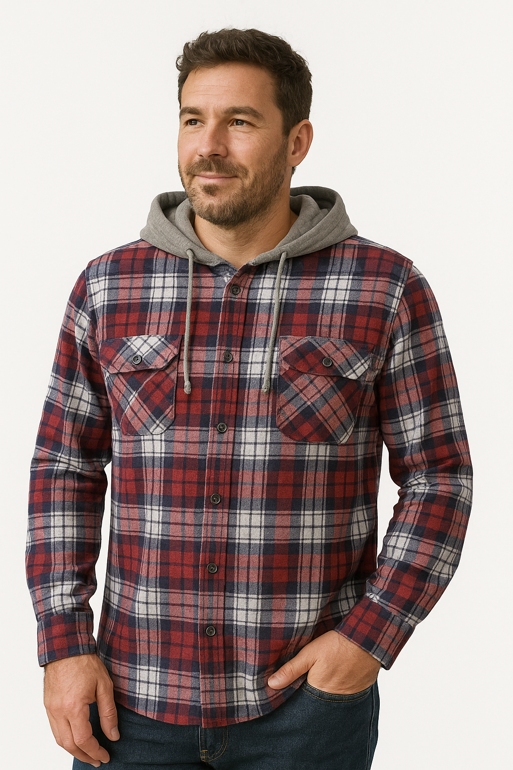 Mens Cotton Flannelette Shirt w Jersey Hood Long Sleeve Flannel-5