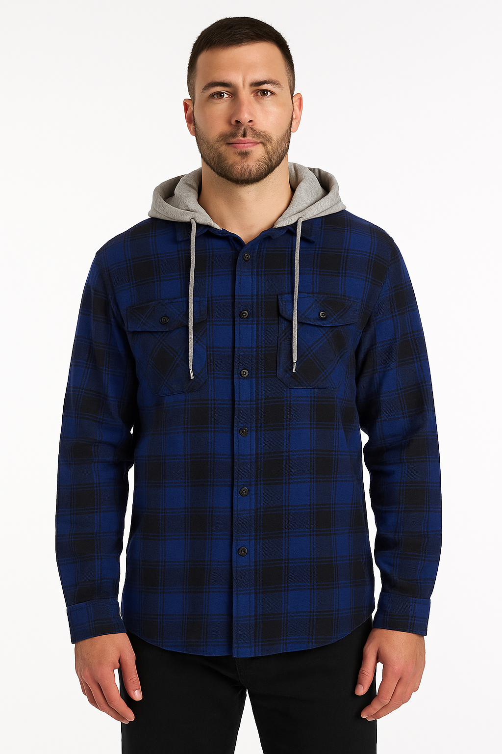 Mens Cotton Flannelette Shirt w Jersey Hood Long Sleeve Flannel-10