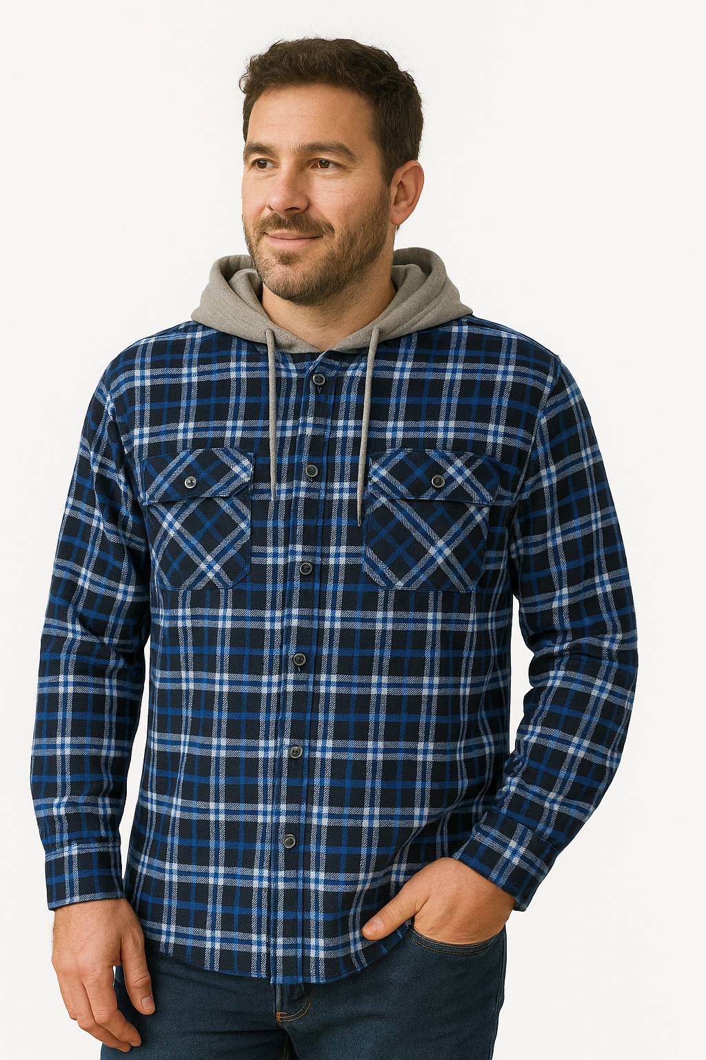 Mens Cotton Flannelette Shirt w Jersey Hood Long Sleeve Flannel-7