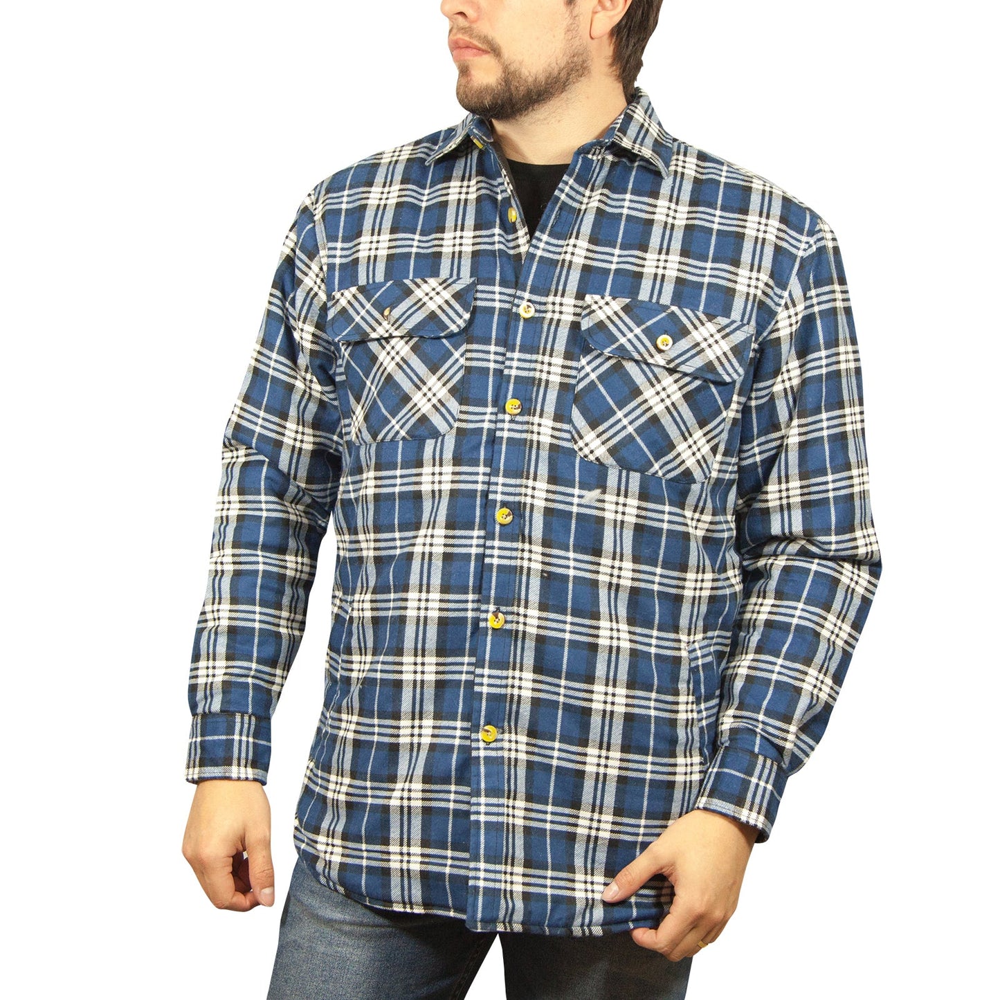 Jacksmith Quilted Flannelette Shirt Mens Jacket 100% Cotton Padded Warm Winter Flannel - Navy/Light Blue-1