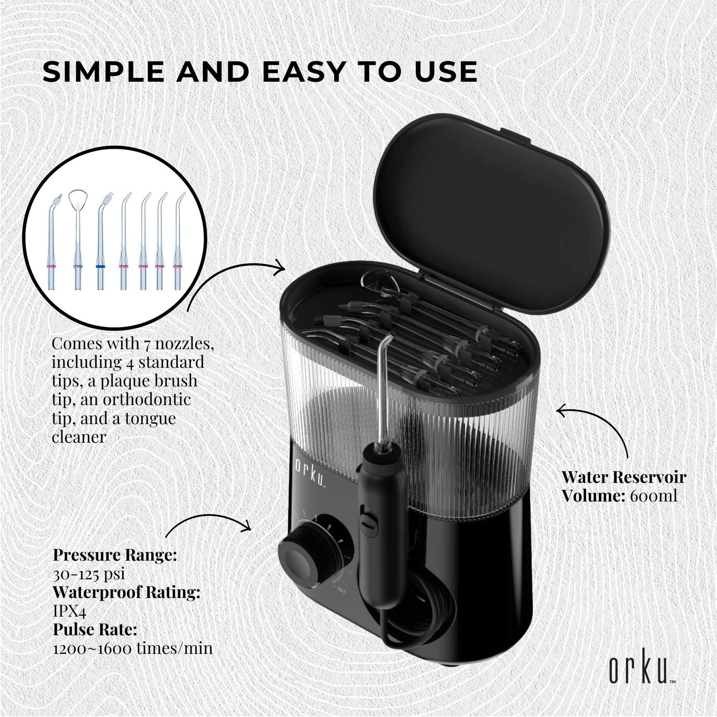 Water Jet Dental Flosser 600ml Black - Electric Oral Pressure Tooth Irrigator-2