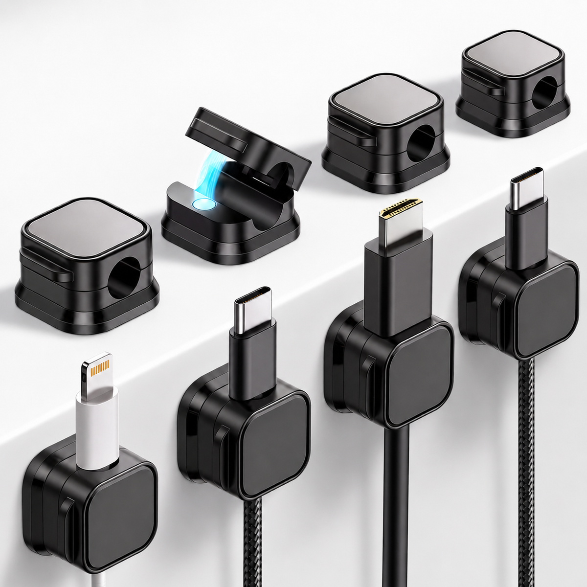 Set of 8 Cable Tidy Organizer Clips Cord Lead Holder in Black
