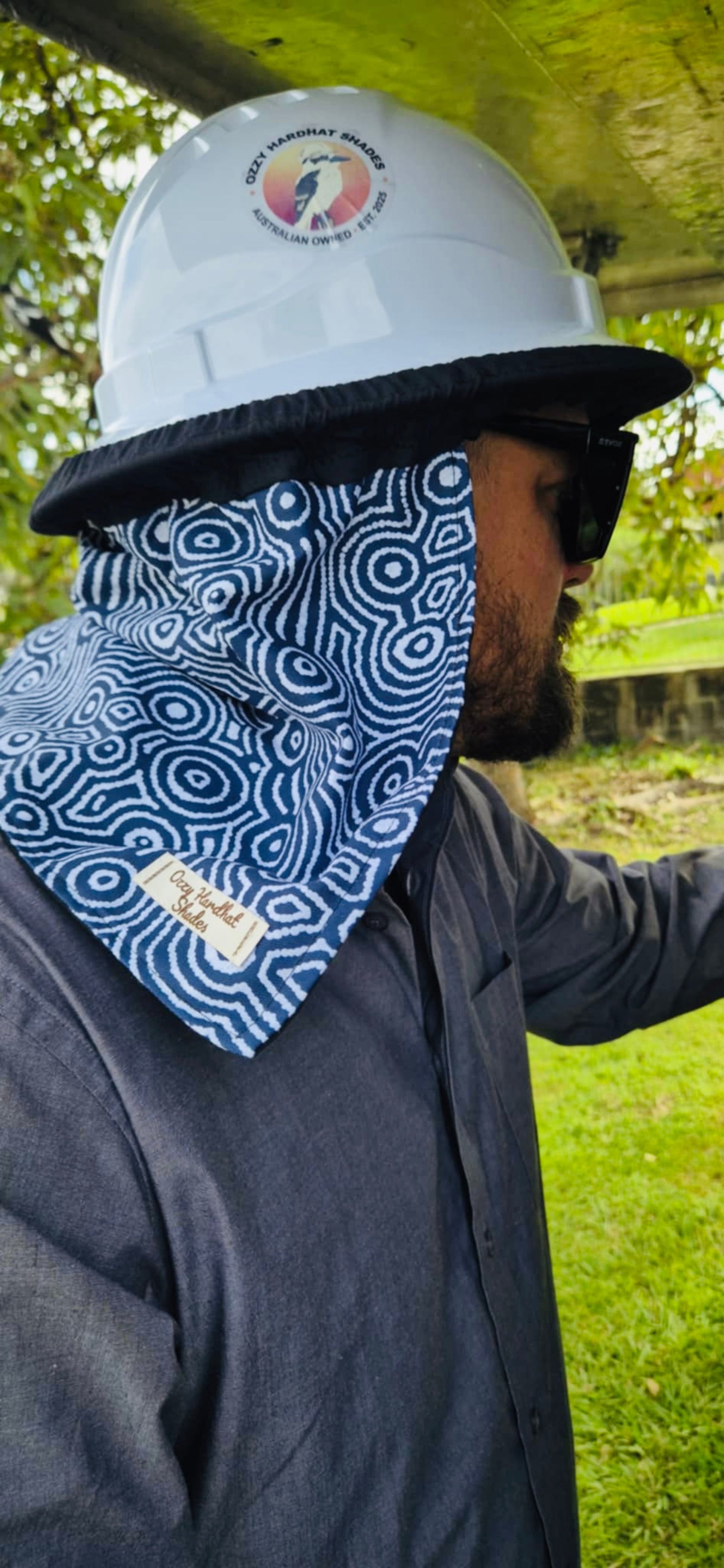 Ozzy Hardhat Shade - UPF50+ Neck Sun Protection - Indigenous Navy White-0