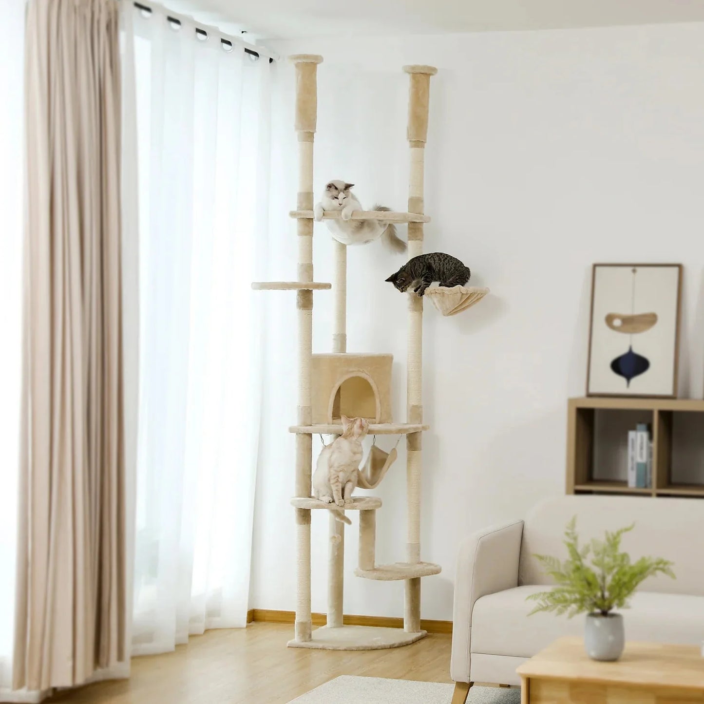 Floor to Ceiling Height Adjustable Cat Condo Bed - Beige-1