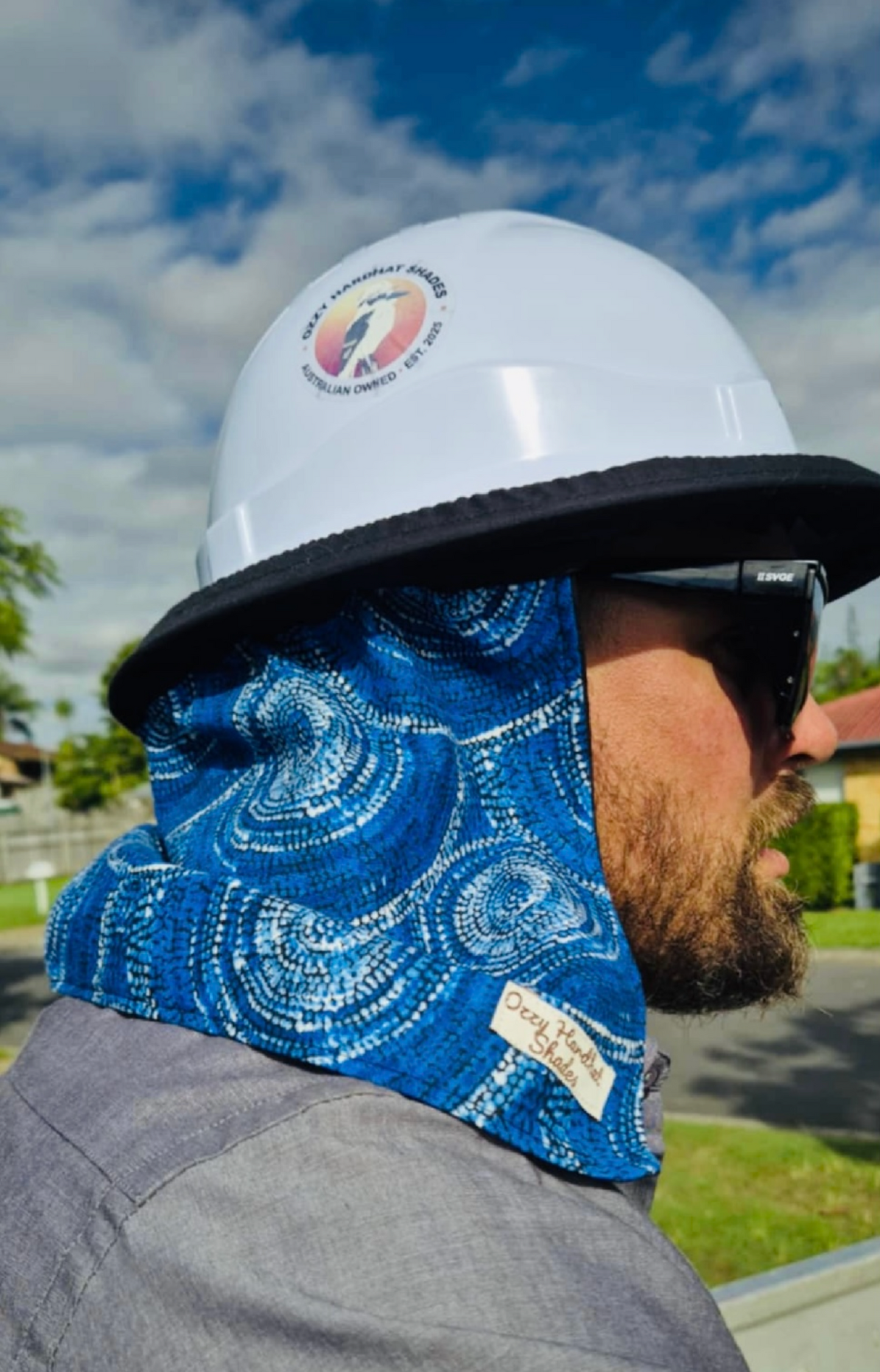 Ozzy Hardhat Shade - UPF50+ Neck Sun Protection - Indigenous Blue White-0