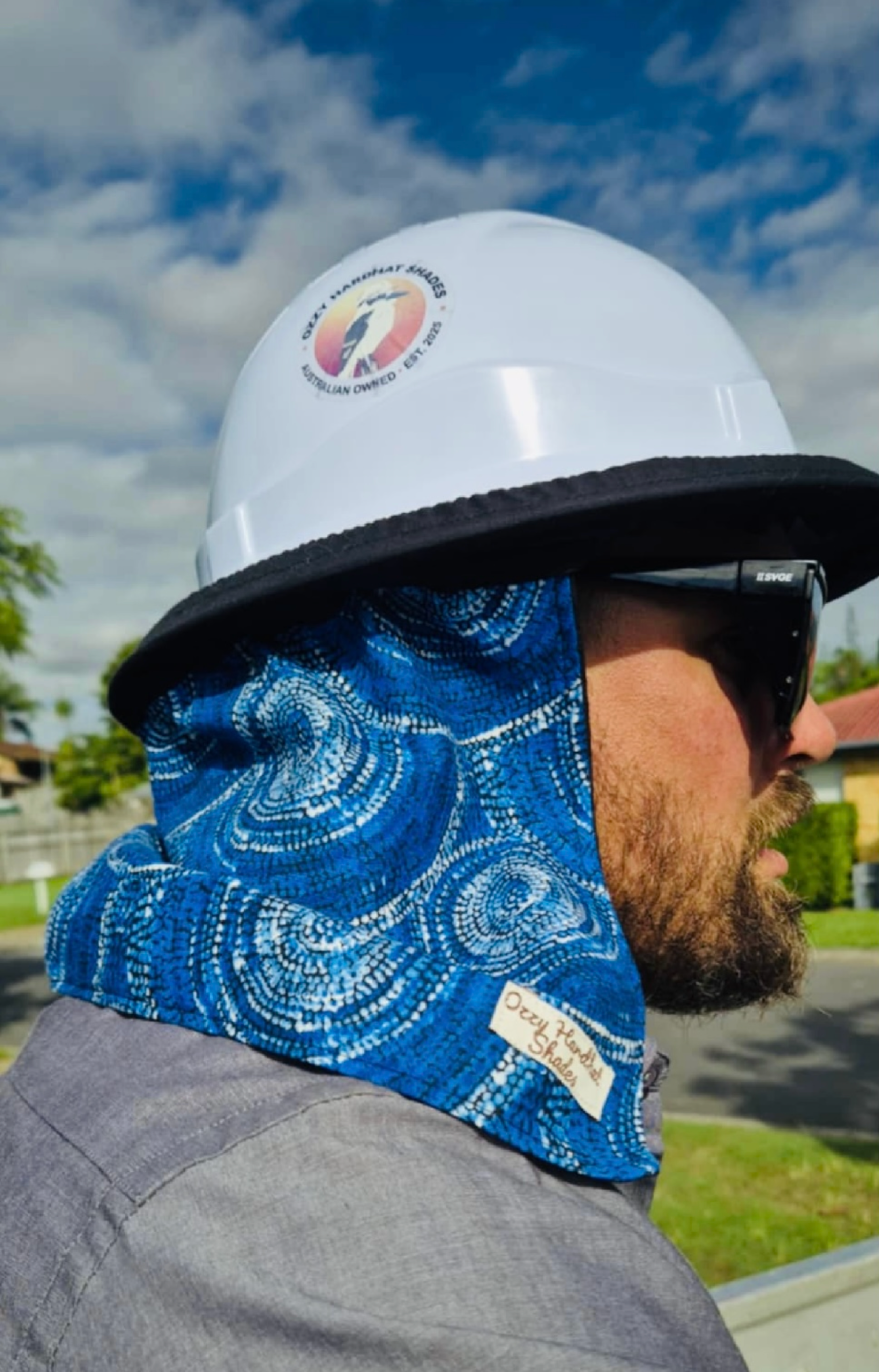 Ozzy Hardhat Shade - UPF50+ Neck Sun Protection - Indigenous Blue White-0