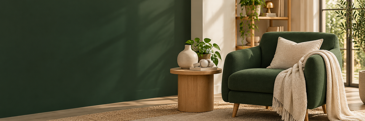 Illustrative living space with a green armchair, throw and everyday accessories